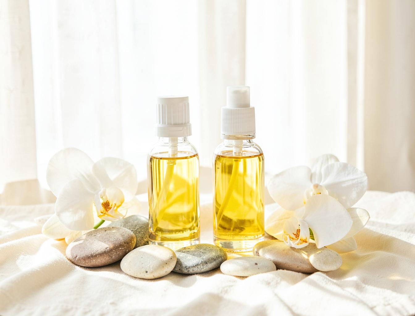 Botanical oils, orchids and river stones in bright daylight