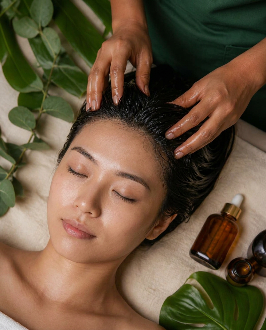 Scalp massage with botanical oils, eucalyptus leaves resting alongside